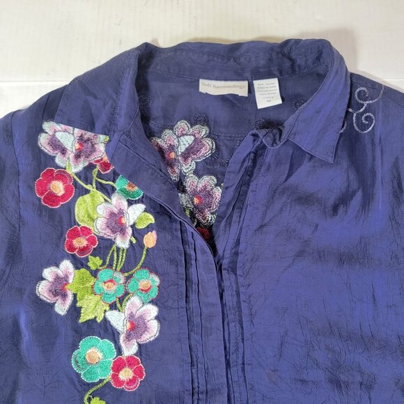 Soft Surroundings Women Purple Embroidered Floral Button-Down Shirt Top Size M - Picture 7 of 11